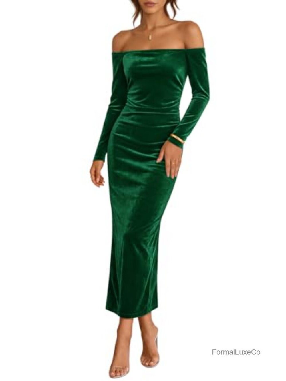 Women's Velvet Off Shoulder Long Sleeve Bodycon Maxi Dress Formal